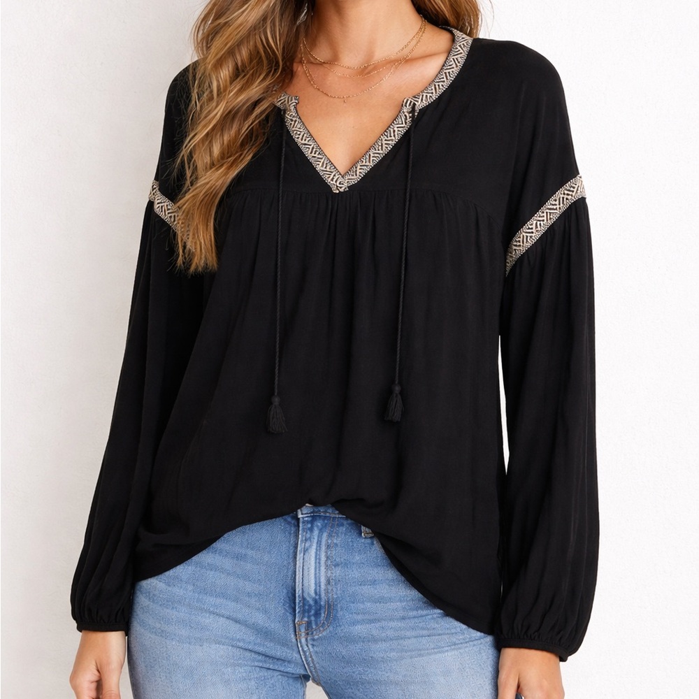 Madewell Black Blouse with Geometric Trim